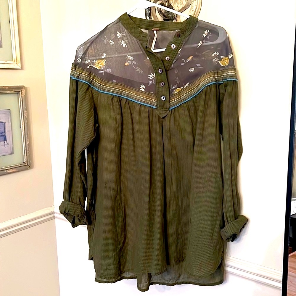 Free People Olive Green Sheer Floral Top